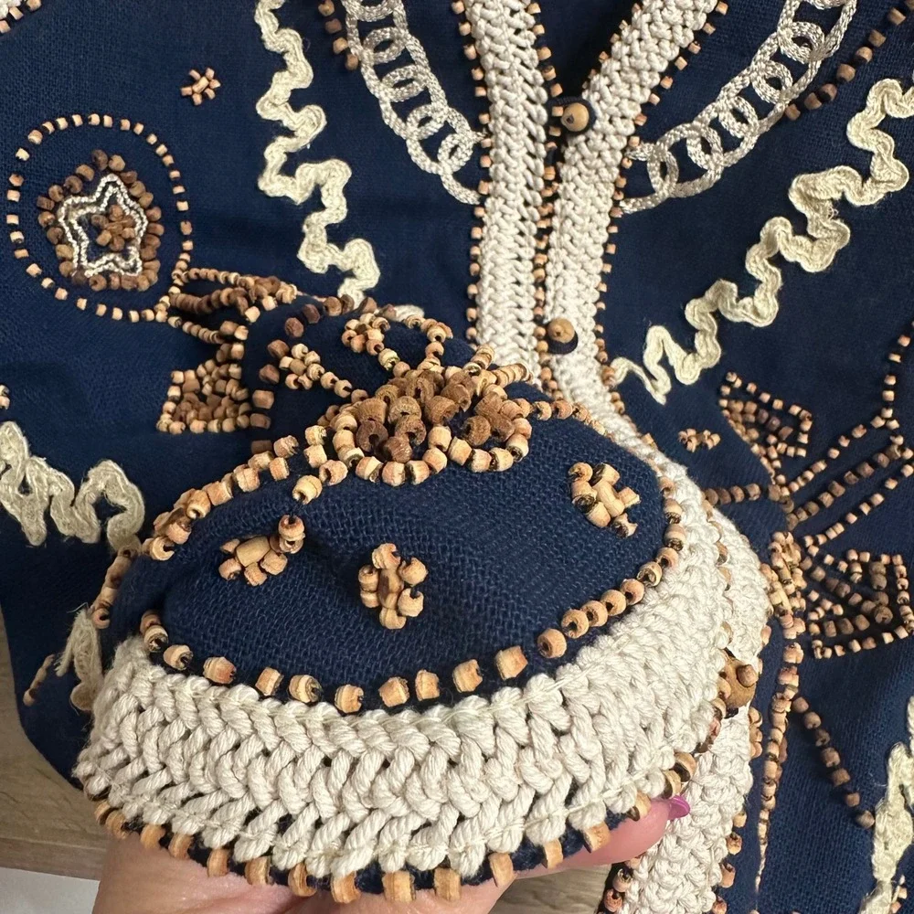 Vintage Nautical Beaded Vest Womens L Navy Wood Buttons Boho Embroidered V Neck